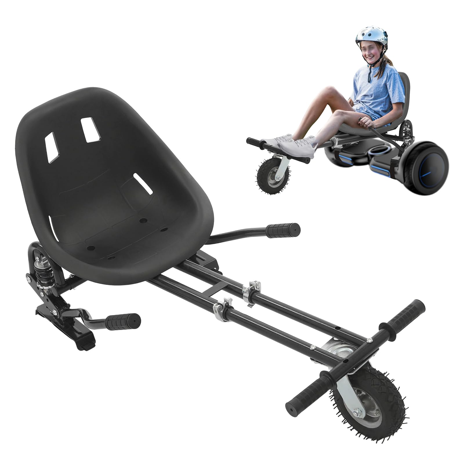 Hoverboard siedzisko do deskorolki 6,5" / 8" / 10", regulowane siedzisko do hulajnogi balansowej z 2 amortyzatorami, ergonomiczny design, do 100 kg, siedzisko hoverkart, podwójny drążek główny, kolor