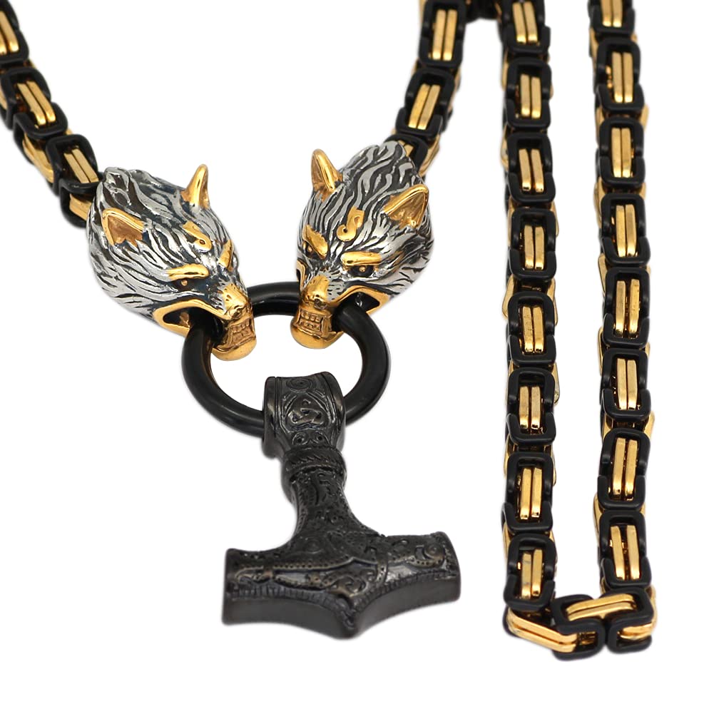 GuoShuangViking Necklace Men Stainless Steel Wolf mjonirl Necklace Chain for Men with Valknut Gift Bag