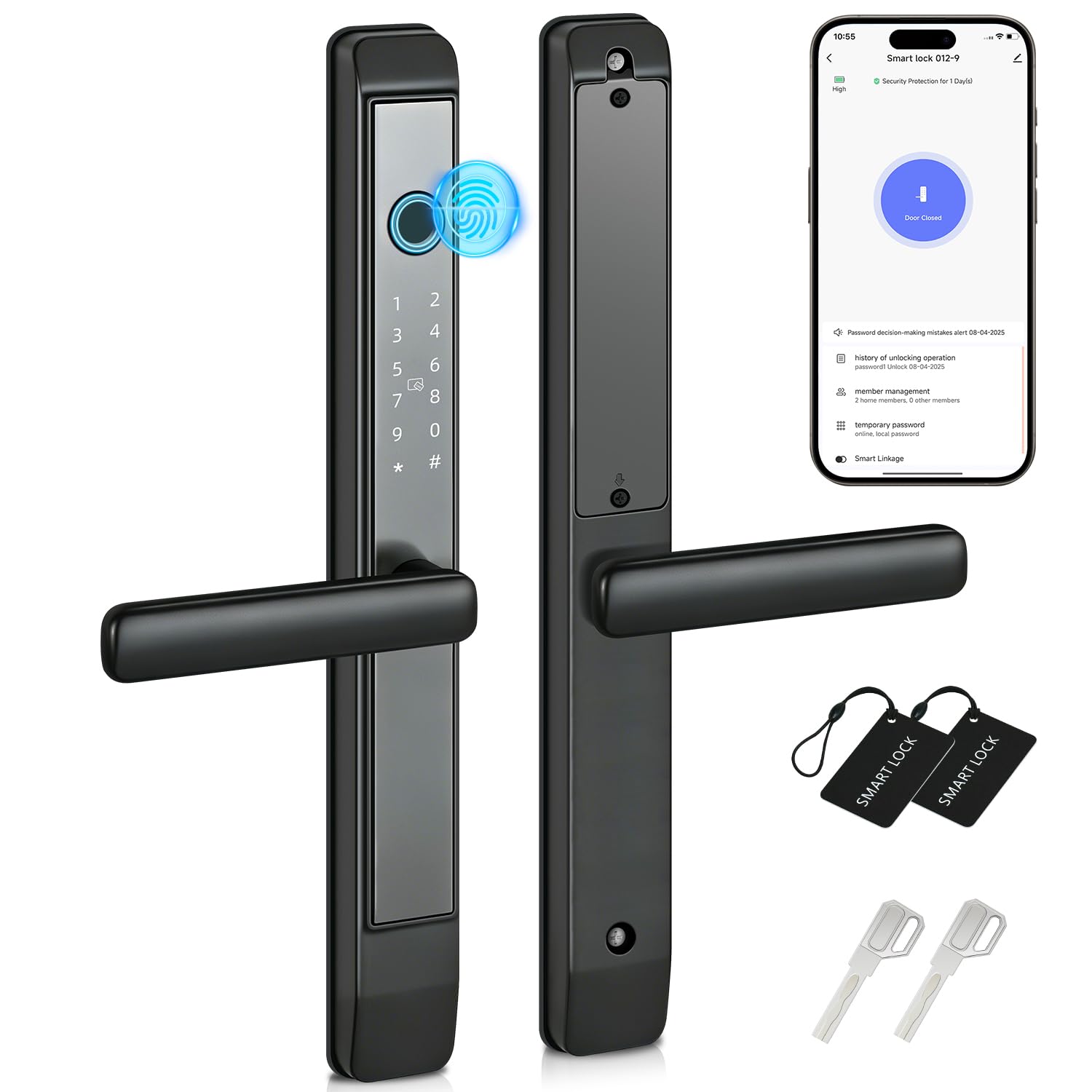 Smart Door Lock for Aluminium & uPVC Doors, Fingerprint + Keypad + RFID + App Control, Electronic Handle Lock for Thermally Broke Aluminium/Glass Doors (Black)