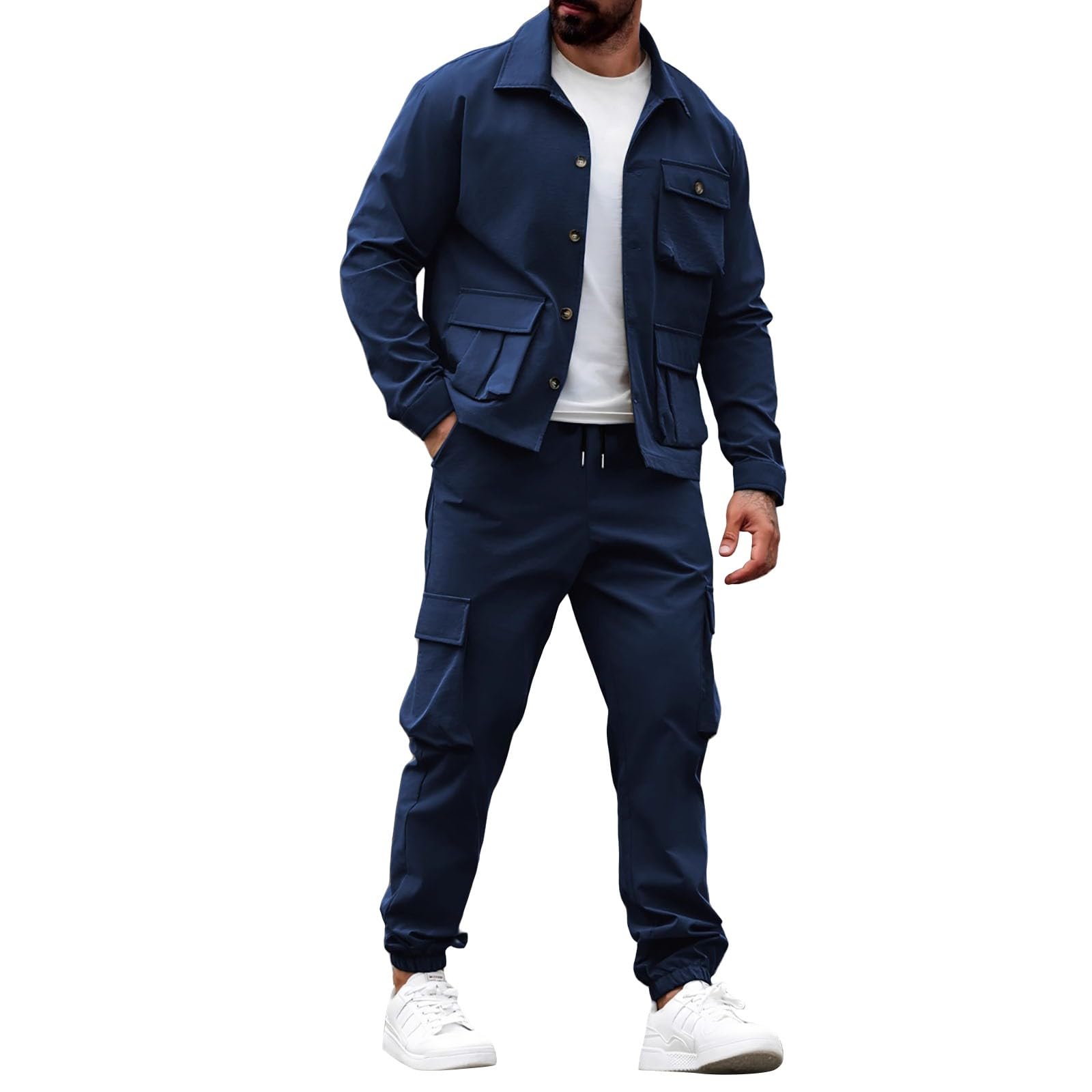 Conjunto completo de chándal para hombre, 2 piezas, chaqueta tipo | Conjuntos de entrenamiento elásticos, pantalones de escalada y camisetas de entrenamiento, con múltiples bolsillos