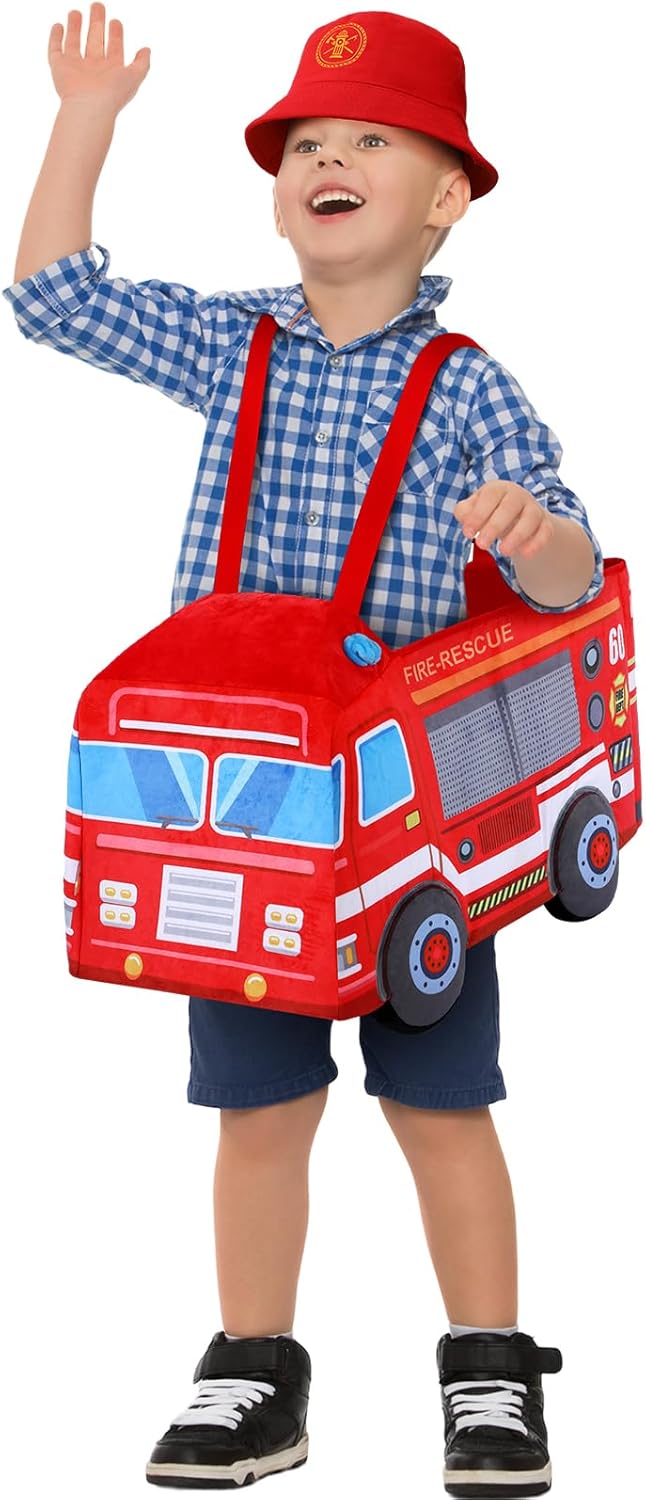 Mepase Halloween Toddler Fire Truck Costume 3D Vehicle Ride on Fire Truck Ride Along Costume for Child 3 to 6 Years, School Bus Party Dress up Role Play for Birthday, Preschool, Kindergarten Classroom