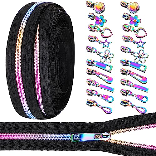 Zeyune #5 Regenbogen-Reißverschlussband, 9,1 m, Regenbogen-Zähne, Nylon-Reißverschluss mit 20 bunten Metallschiebern (10 Stile) für Heimwerker, Nähen, Schneiderhandwerk (klassischer Stil, schwarz)
