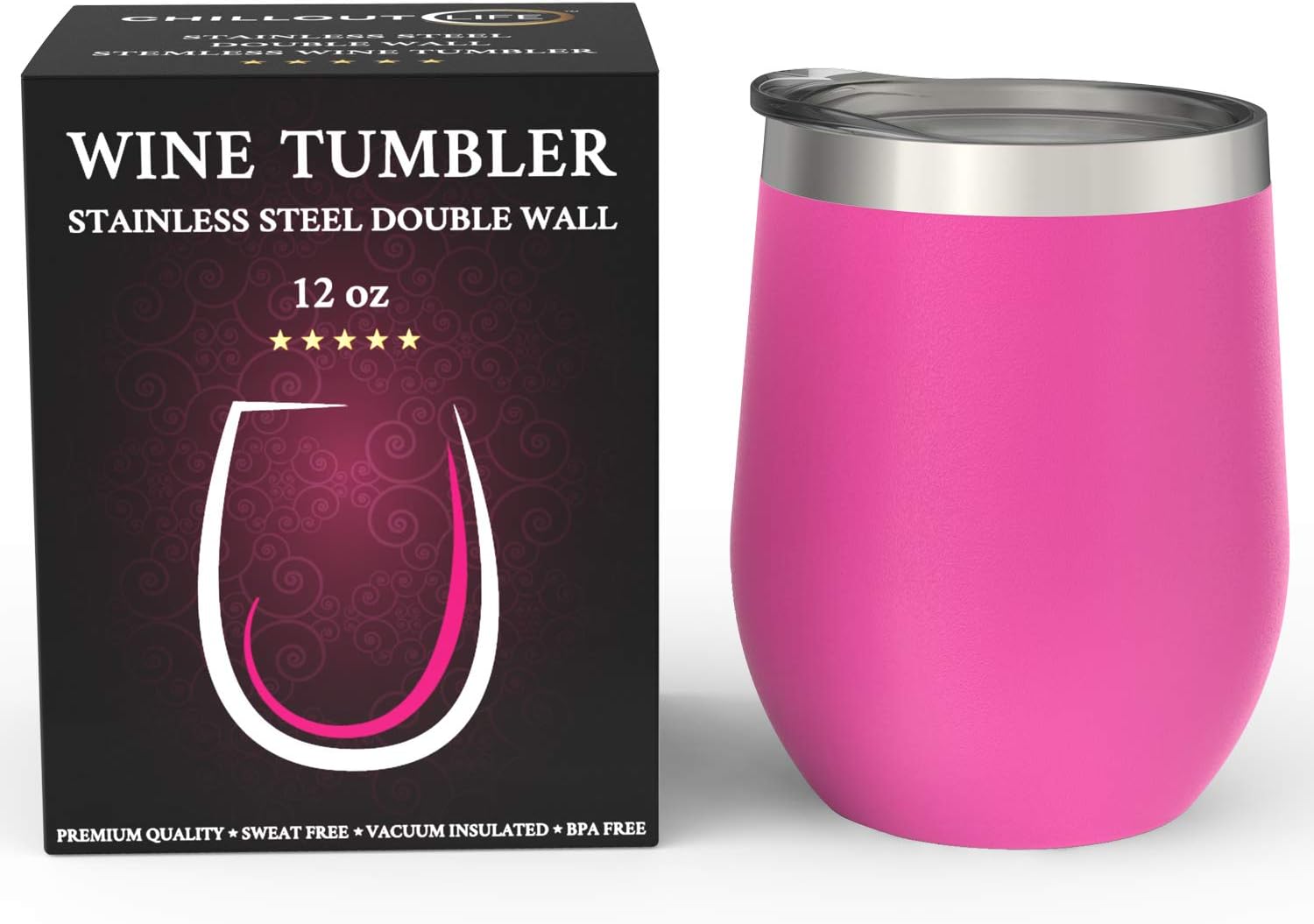 CHILLOUT LIFE 12 oz Stainless Steel Wine Tumbler with Lid - Double Wall Vacuum Insulated Wine Cup Glass Keeping Cold & Hot for Coffee, Champagne, Cocktails, Ice Cream - Powder Coated Pink - Image 2