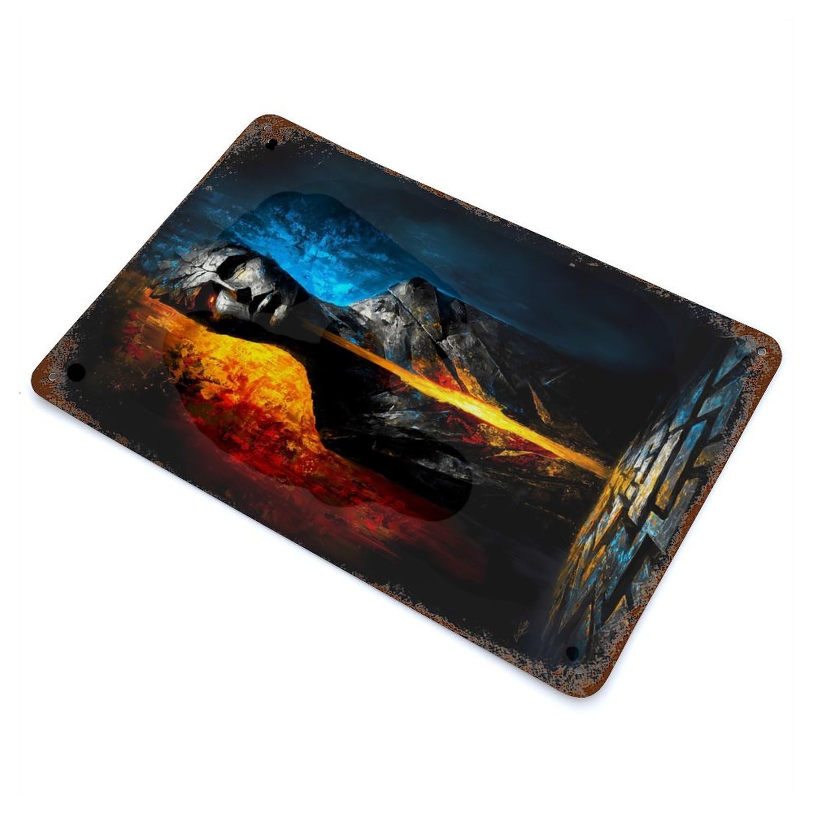 The Witness of Division – The Face Split by Fire And Silence Weathered Tin Sign 11.8"x7.9", Retro Wall Decor for Pub, Kitchen And Man Cave Decor