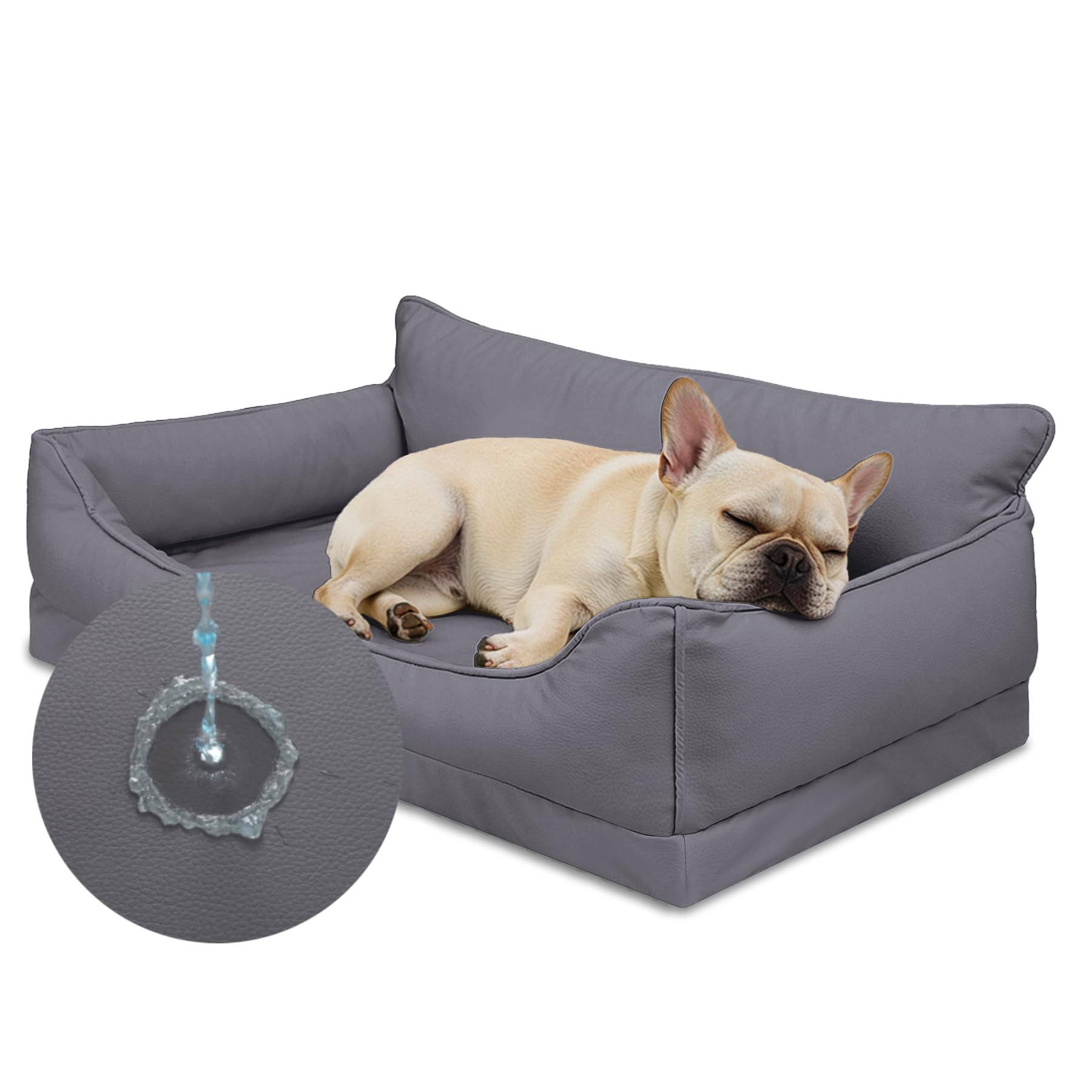 Orthopedic Small Dog Bed, Waterproof Synthetic Leather Dog Sofa – 73 x 45 cm, Egg Foam, Removable and Washable Dog Bed, Non-Slip Dog Mattress, Grey