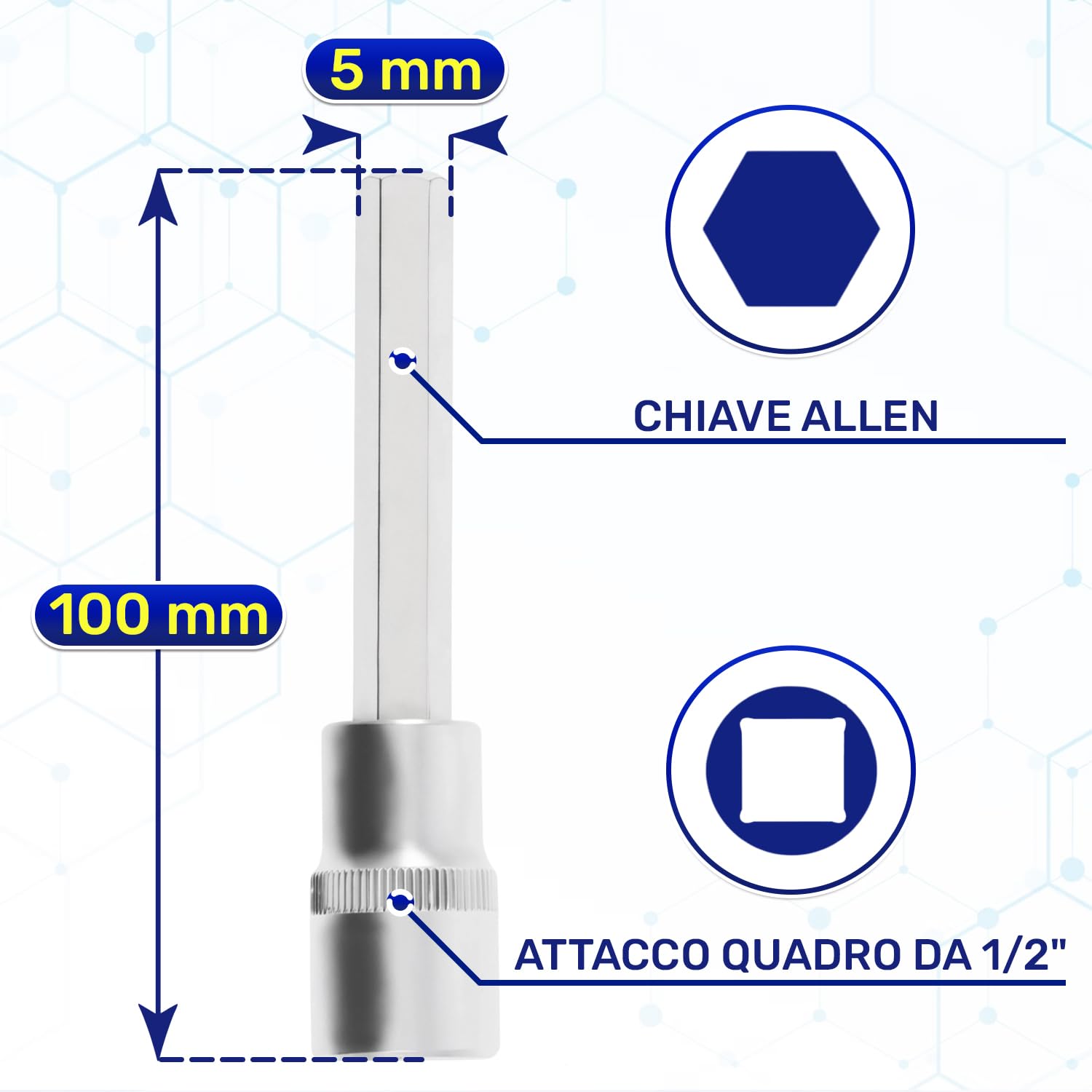 Chiave a bussola con punta a brugola 5 mm x 100 mm per zone difficili da accesso, chiave a tazza quadrata da 1/2", realizzata in acciaio cromato vanadio - MONTERAL