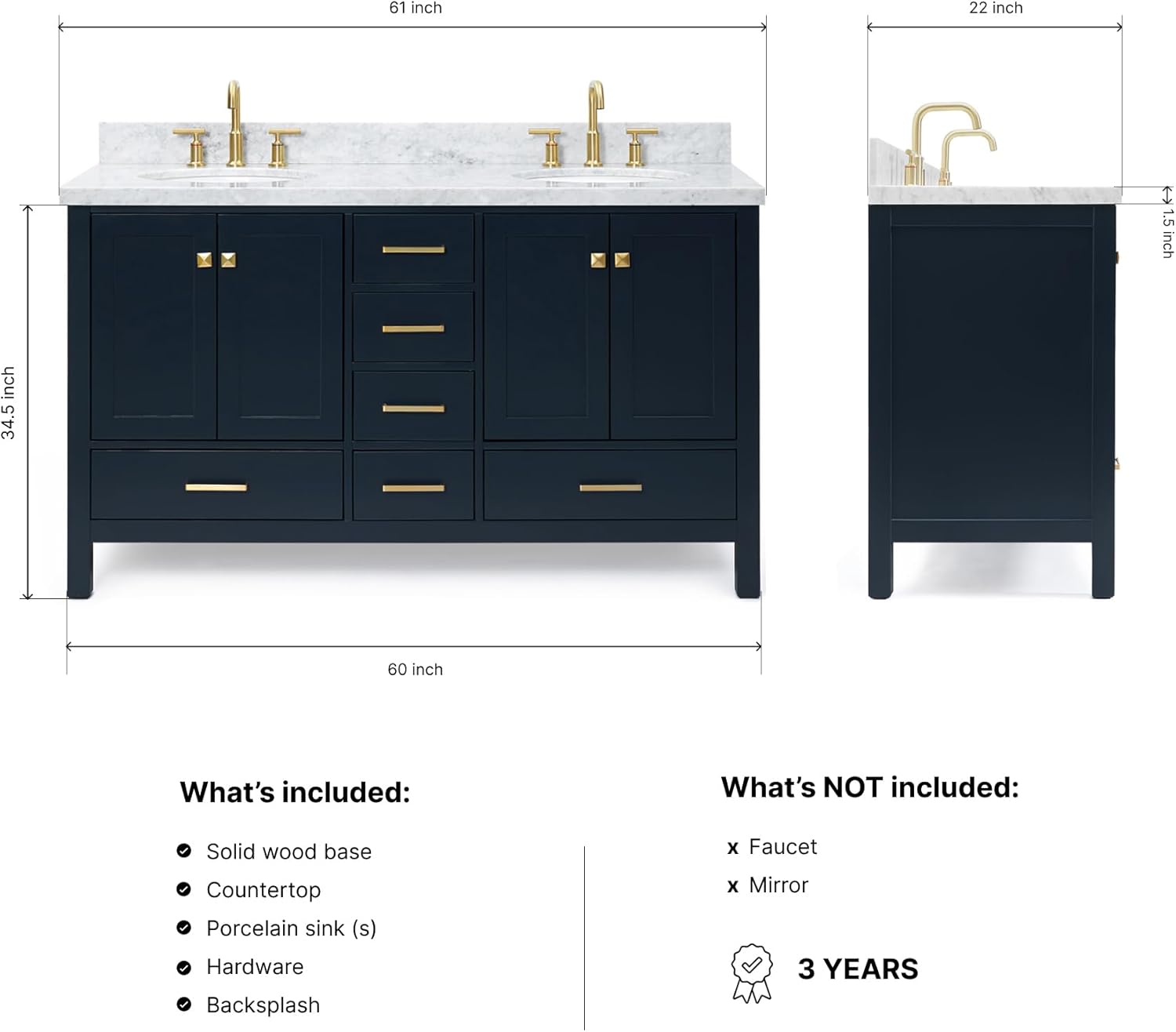 DKB Beckford 61" Midnight Blue Double Bathroom Vanity with Sink, Solid Wood Frame, 1.5" Edge Carrara Marble Countertop, Double Oval Undermount Sinks, Soft Closing Doors, 6 Dovetail Drawers