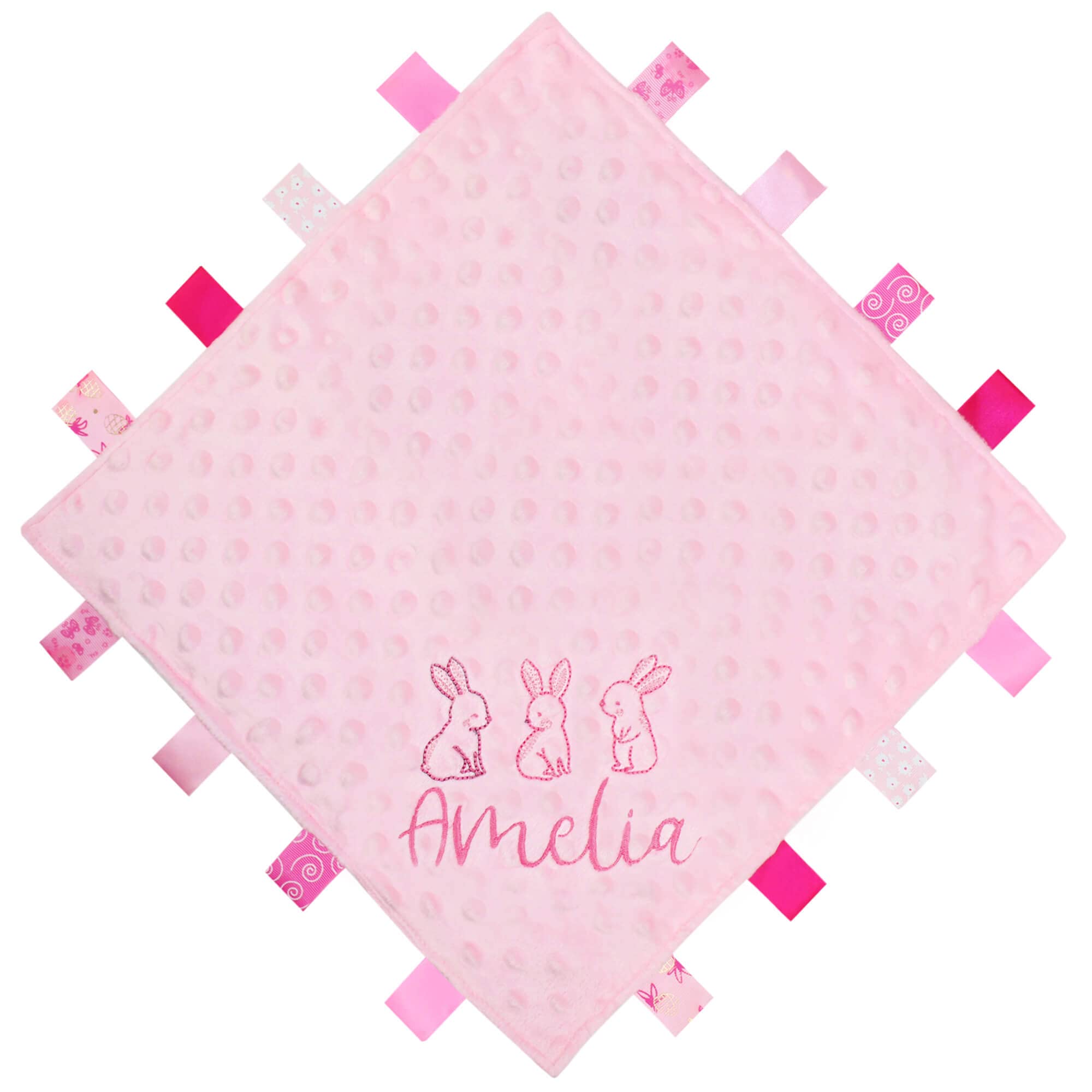 TeddyTs Personalised Pink Bunnies Baby Taggy Blanket Comforter, Grey,One size