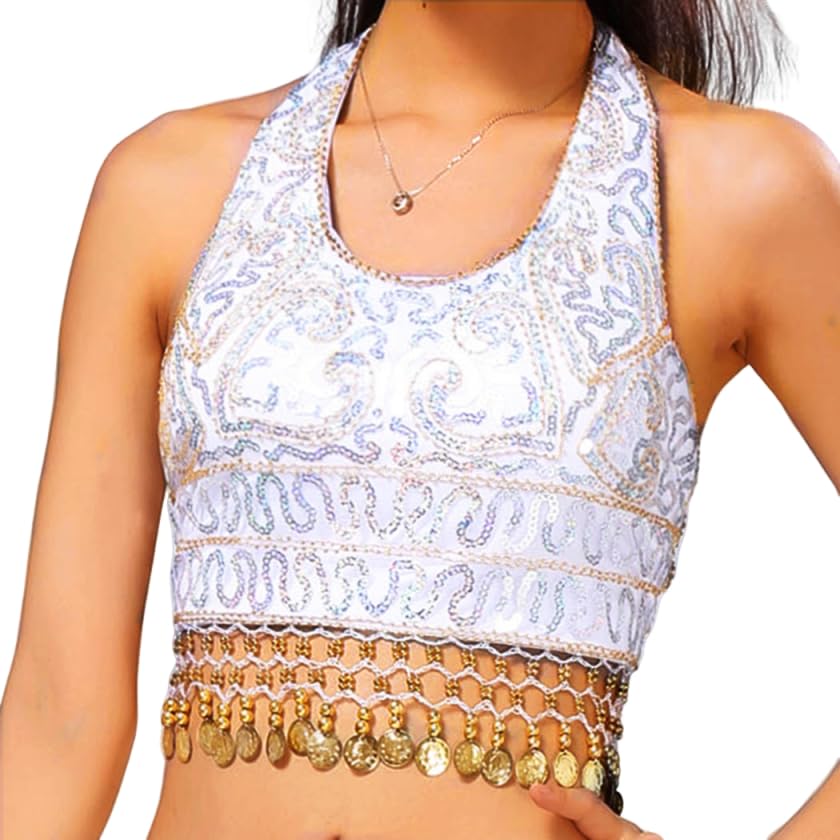 Belly Dance Sequin Crop Top Coin Tassel Rave Carnival Costume Bra Tops for Women