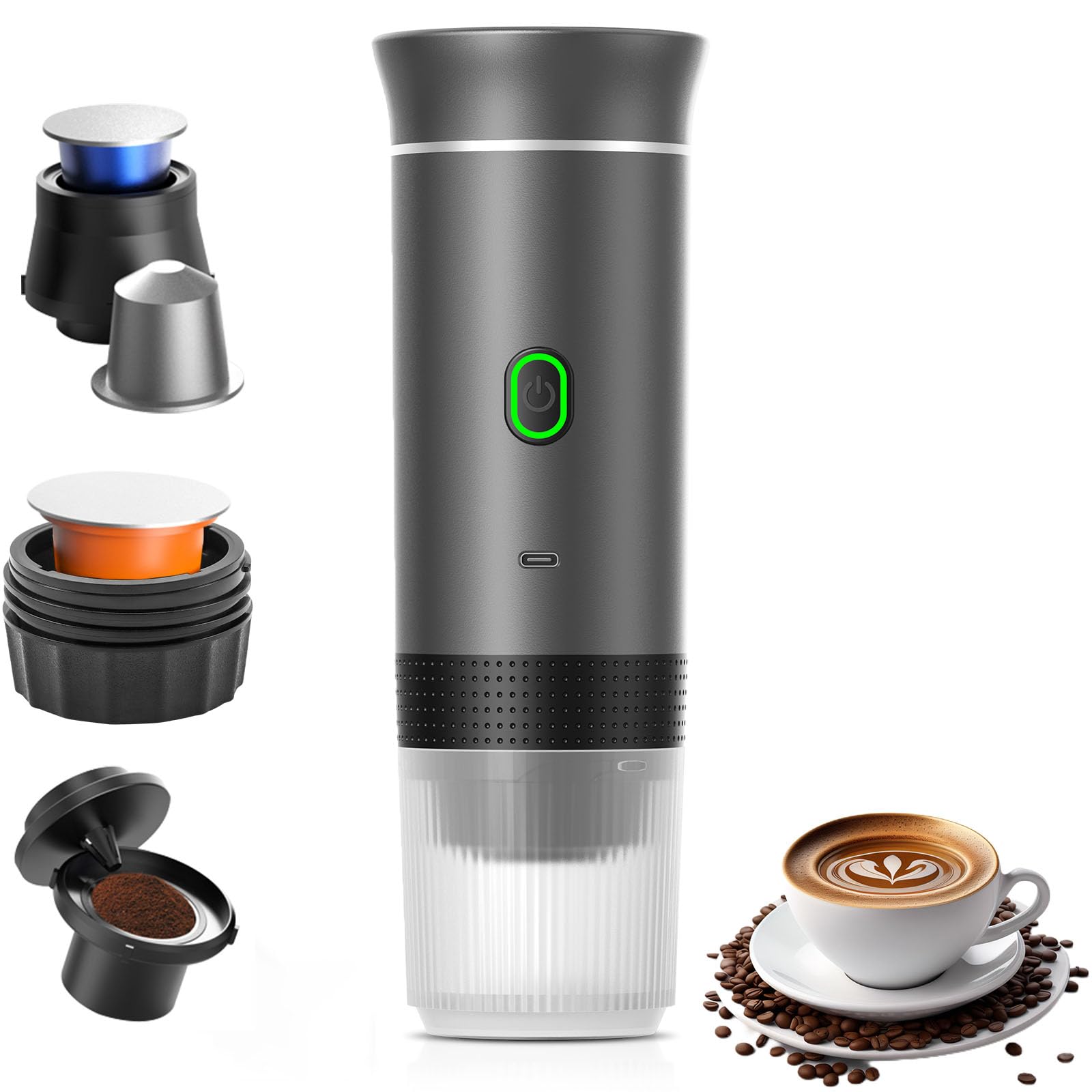 Macchina da caffè portatile per auto, macchina da caffè da viaggio con riscaldamento elettrico USB-C, compatibile con capsule NS e caffè macinato,80ml mini caffettiera per campeggio
