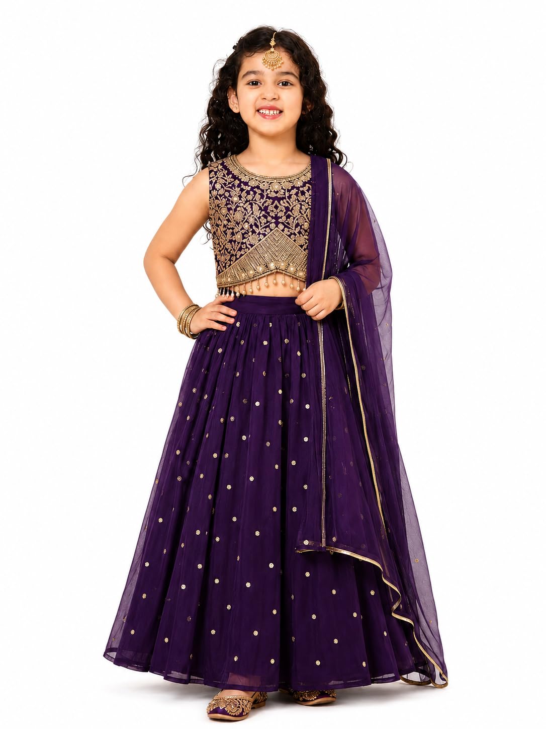 A.T.U.N. (ALL THINGS UBER NICE) Zardozi Lehenga zestaw 3-częściowy zestaw dla dziewczynek z haftem Dupatta i wyściełanym topem choli, odświętny strój etniczny