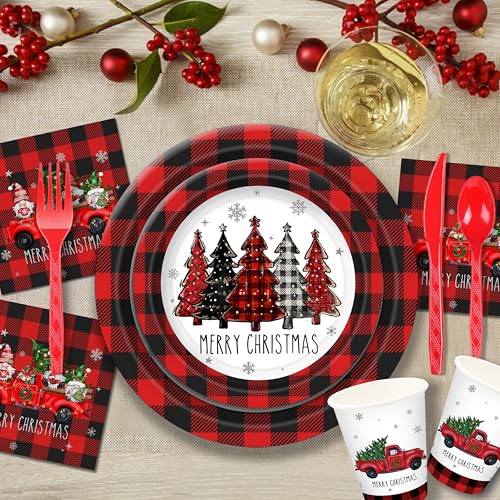 Christmas Plates Set Christmas Dinner Tableware Set Disposable 168Pcs Christmas Party Supplies for 24 Guests Buffalo Plaid Christmas Paper Plates Napkins Cups Plastic Forks Knives Spoons – Image 6