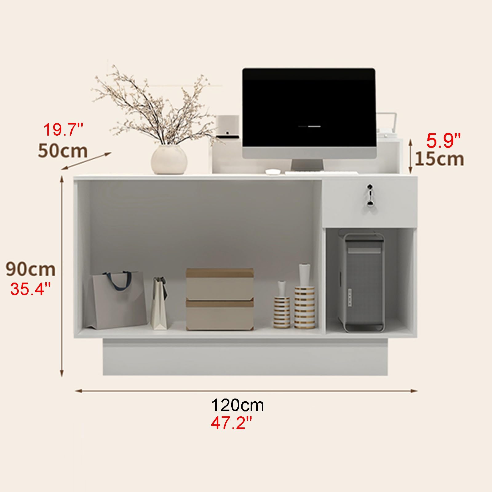 Zamykane biurko recepcyjne z metalowymi uchwytami, trzyczęściowe szuflady, przestronny blat, otwór dostępu na kabel, ciche szyny ślizgowe, meble biurowe (A1, 89 cm x 50 cm x 105 cm)
