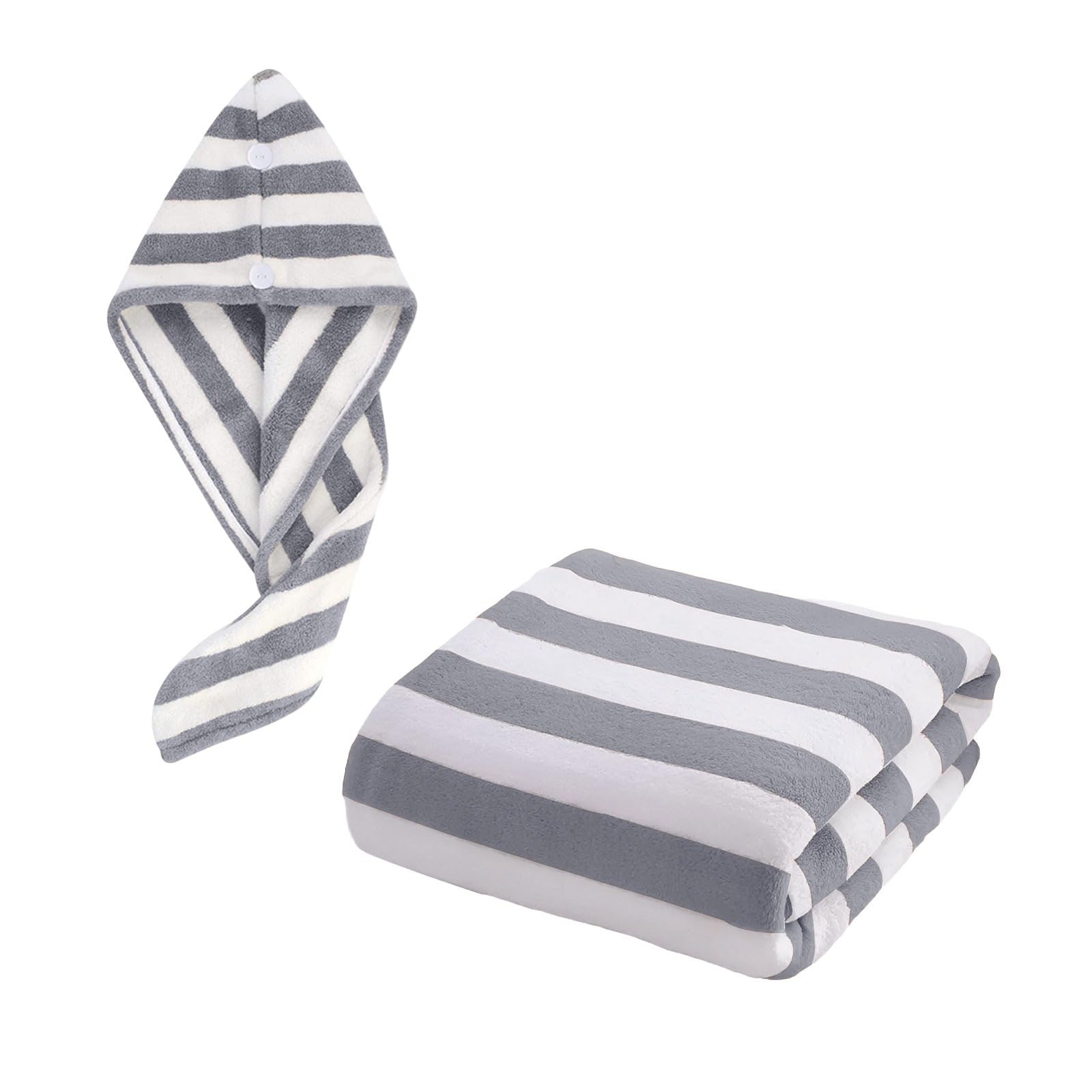 Microfiber Bath Towel/Hair Wrap Combo-Soft Super Absorbent Coral Fleece Towels for Bath with Hook-Quick Dry Towel for Women and Men (Grey) (Grey Stripes)-image-23
