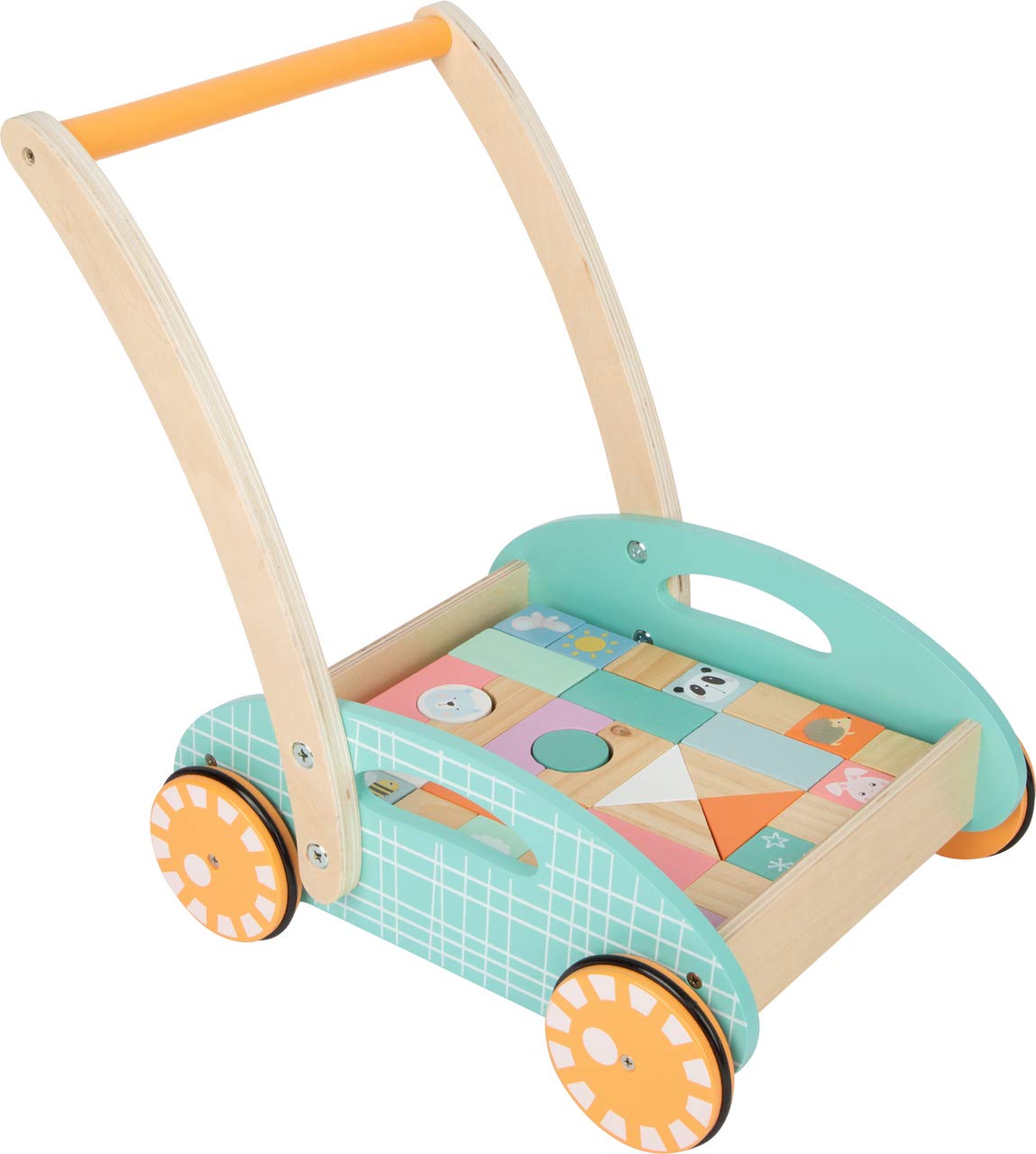 Small Foot 11766 Carrello Primi Passi Pastello, Coniglio, Panda ECC., con 34 Elementi da Costruzione, dai 12 Mesi in su