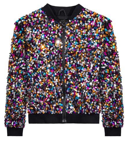 Girls Sequin Bomber Jacket Glitter Outwear Long Sleeve Zipper Jackets 5-12T