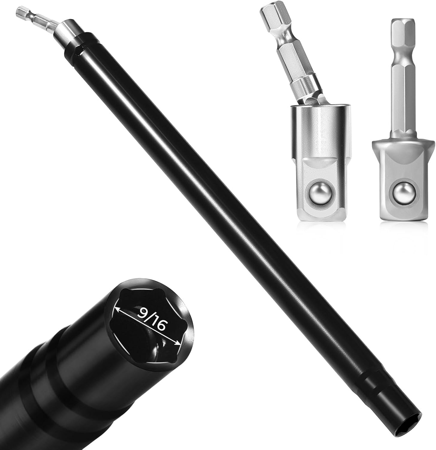 9/16" (12inch) Hollow Socket with 360° Rotatable 1/2" Impact Grade Socket Adapter,Hollow Nut Driver with 1/4" Hex Shank,Nut Runner Suitable for Ceiling Long Thread Bolt Fastening Applications