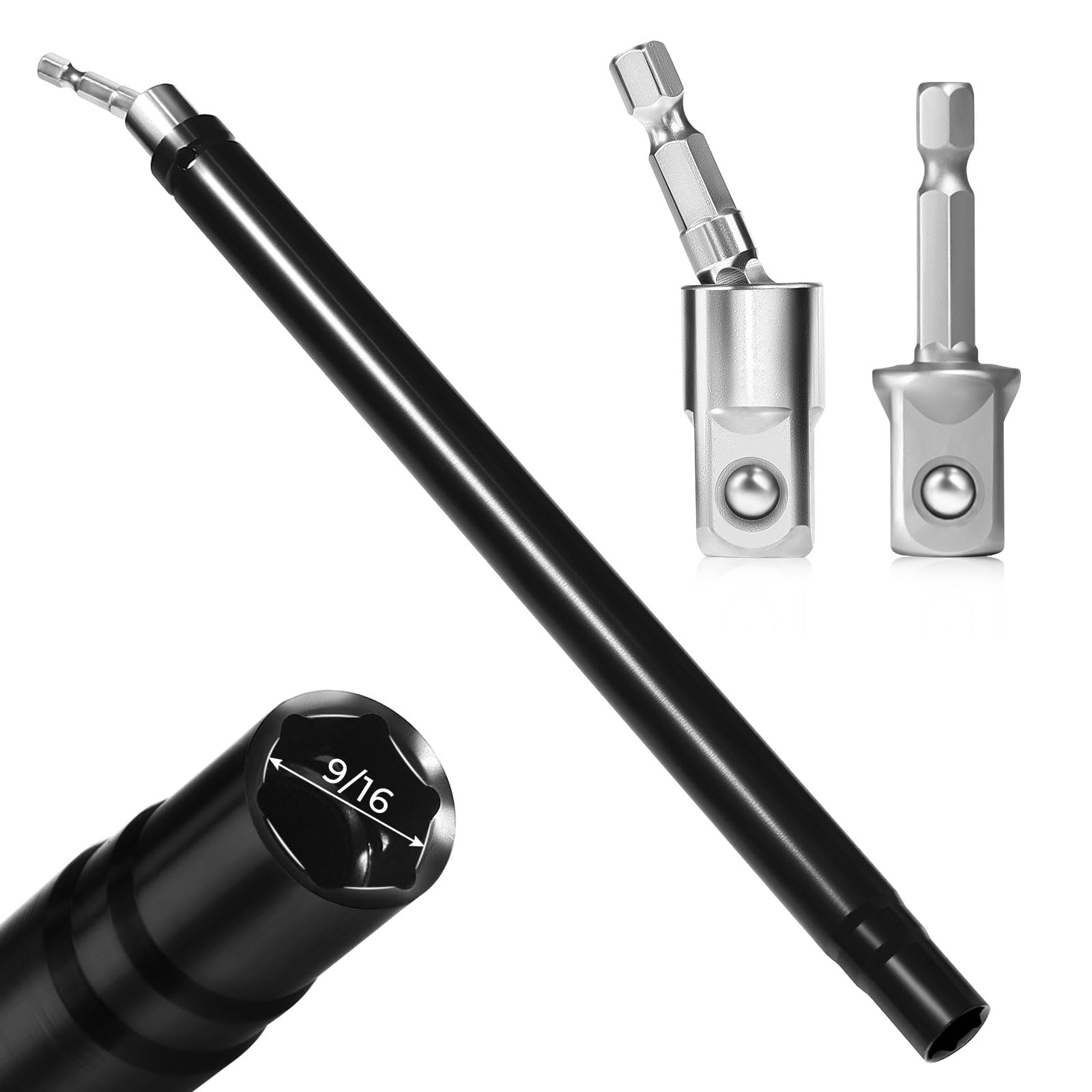 Swozzto 9/16" (12inch) Hollow Socket with 360° Rotatable 1/2" Impact Grade Socket Adapter,Hollow Nut Driver with 1/4" Hex Shank,Suitable for Ceiling