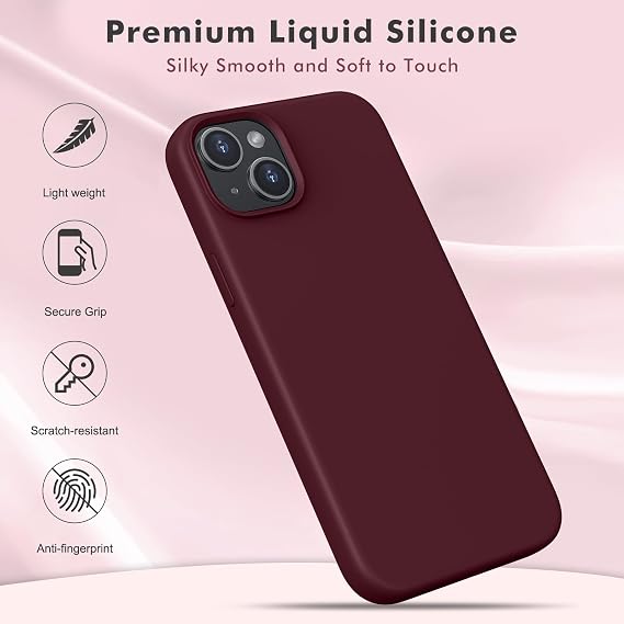 Silicone Case Designed for iPhone 15 plus Case 6.7 Inch, Soft Ultra Slim Protective Shockproof Liquid Silicone Phone Case Cover with Anti-Scratch Microfiber Lining Burgundy