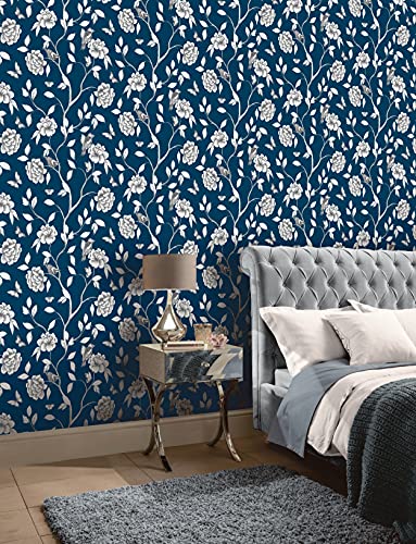 Arthouse Rose Garden Navy Floral Wallpaper - Birds Butterflies - Navy Background Creates Striking Contrast - Living Spaces & Feature Walls - Kitchen - Bedroom - Hallway - Dining 907600 #TOP1