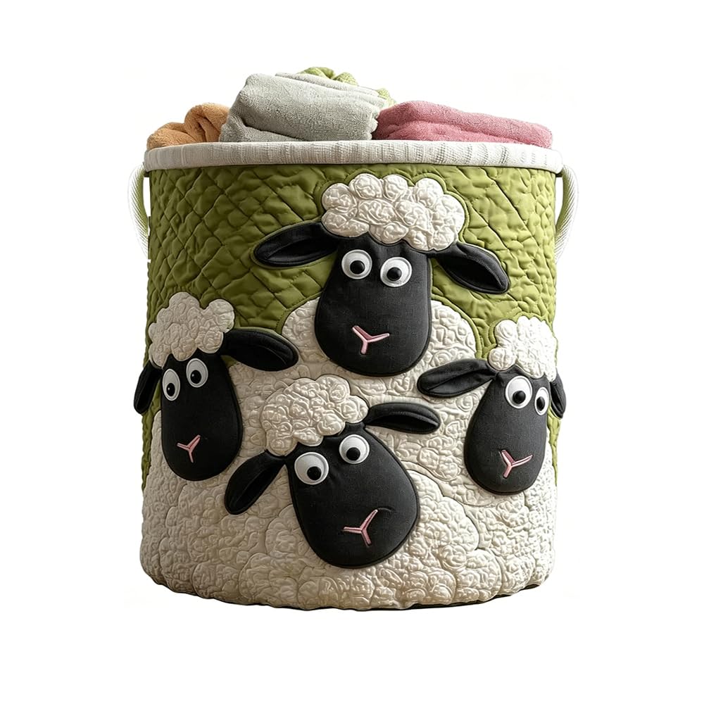 3D Cute Sheep Print Quilted Laundry Basket Home Storage Hamper with Handles (JX54309A08,L)