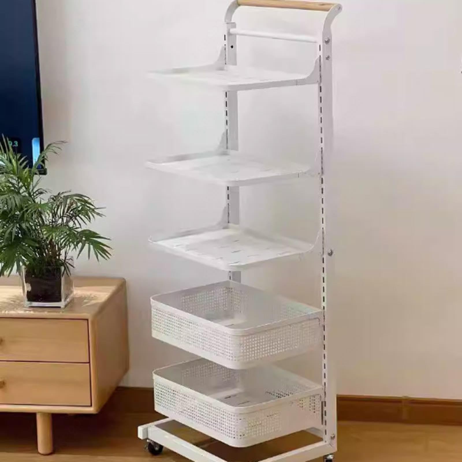 Weißer Topfdeckelhalter mit Rädern, Schrankregal für Küche, 5 Bretter und 1 Korb, effizientes Topfdeckel-Management, platzsparendes Design