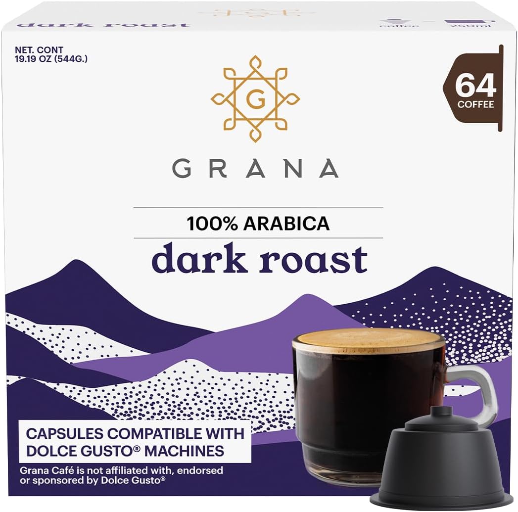 G GRANA Dark Roast Coffee Capsules Compatible with Nescafe Dolce Gusto Machines, 64 Single Serve Coffee Pods - 100% Arabica Single Source Ethical Coffee