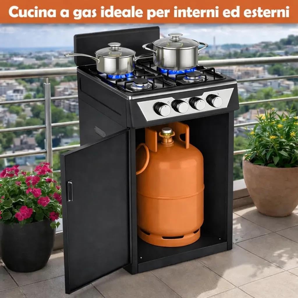 CUCINA A GAS 4 FUOCHI - FORNELLO A GAS 4 FUOCHI CON VANO PORTABOMBOLA | NERO