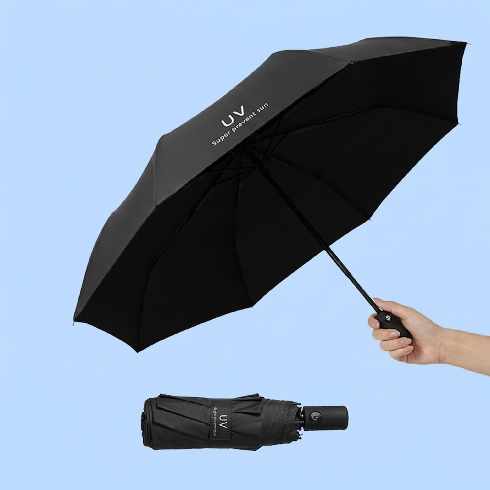 Roughhouse UV protection Black Umbrella Automatic open close for rain and sun protection 3 fold umbrella for men women kids boys girls big size large ...