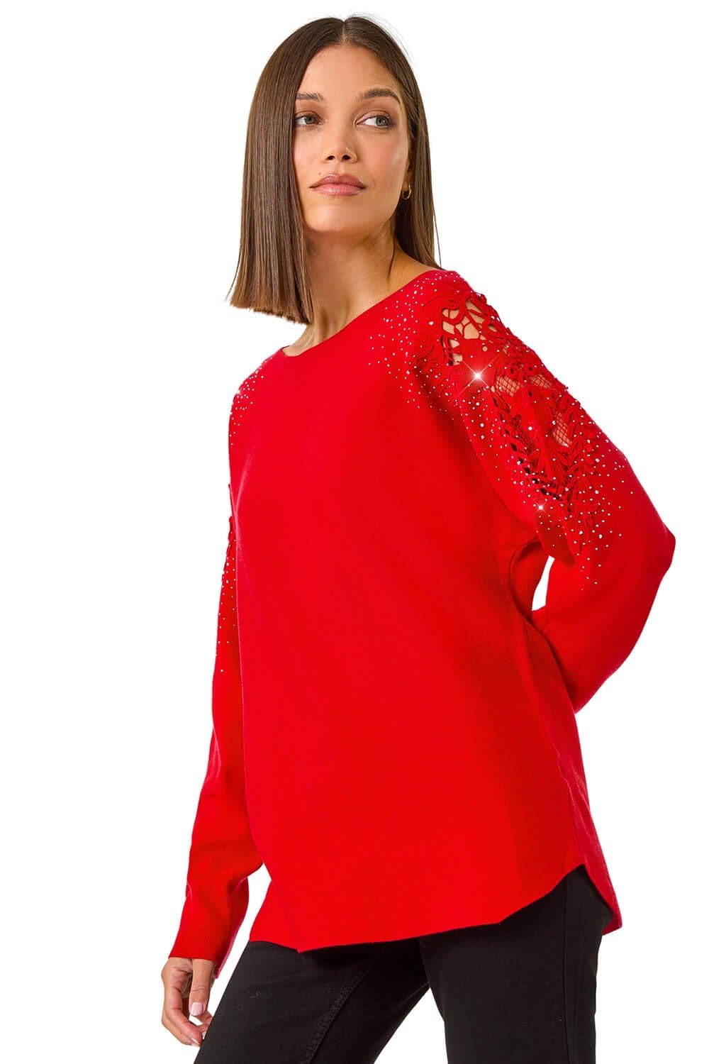 Roman Originals Diamante Sleeve Knit Jumper for Women UK - Ladies Everyday Autumn Winter Shaped Neckline Comfy Soft Evening Vacation Work Party Night Out - Red - Size M