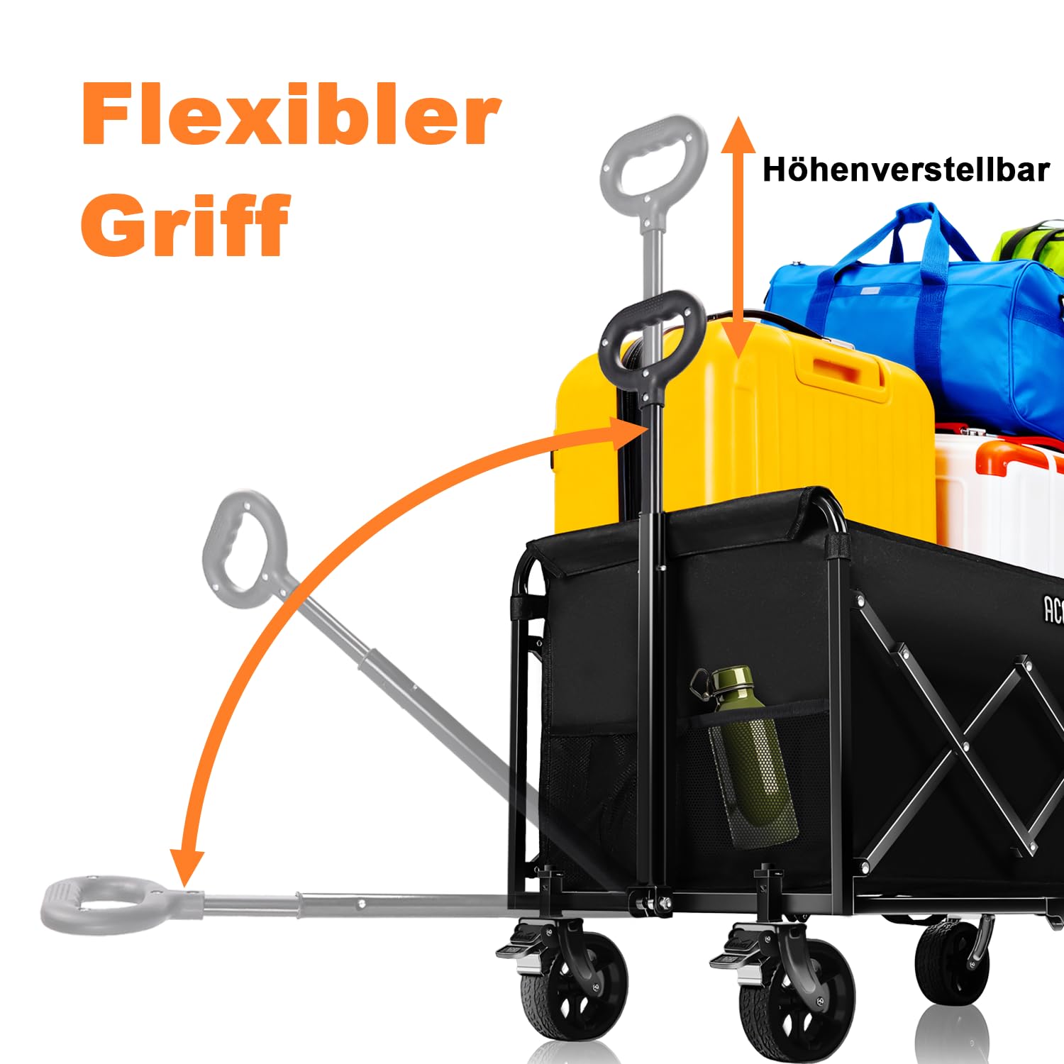 Bollerwagen Faltbar, Handwagen faltbar 150L Tragkraft 150KG mit verstellbarem Griff, Offroad-Rädern für Camping Garten Outdoor 94x43x42cm