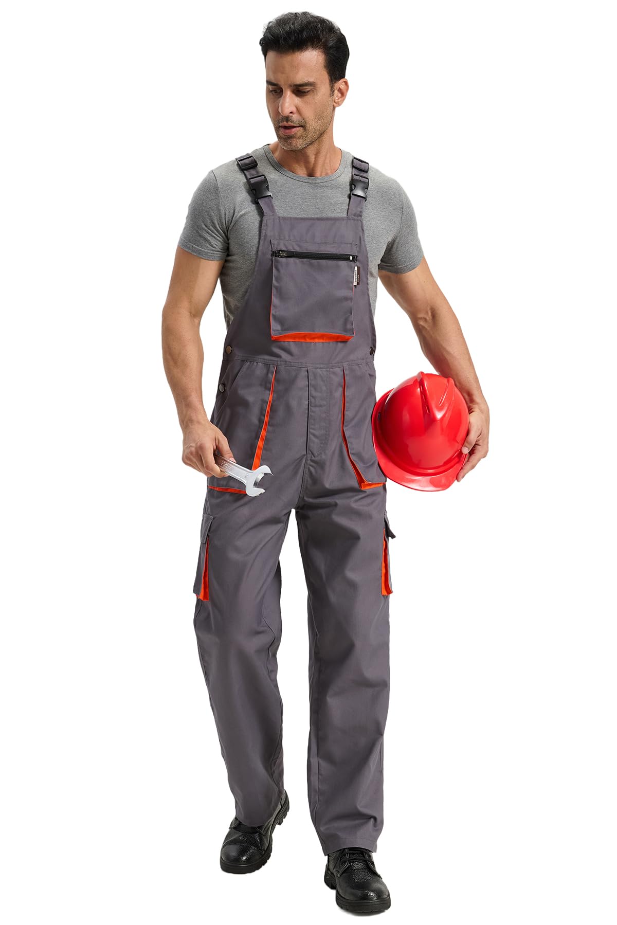Salopette da Lavoro da Uomo Pantaloni Lunghi Salopette Tuta da Lavoro con Bretelle, Grigio, L