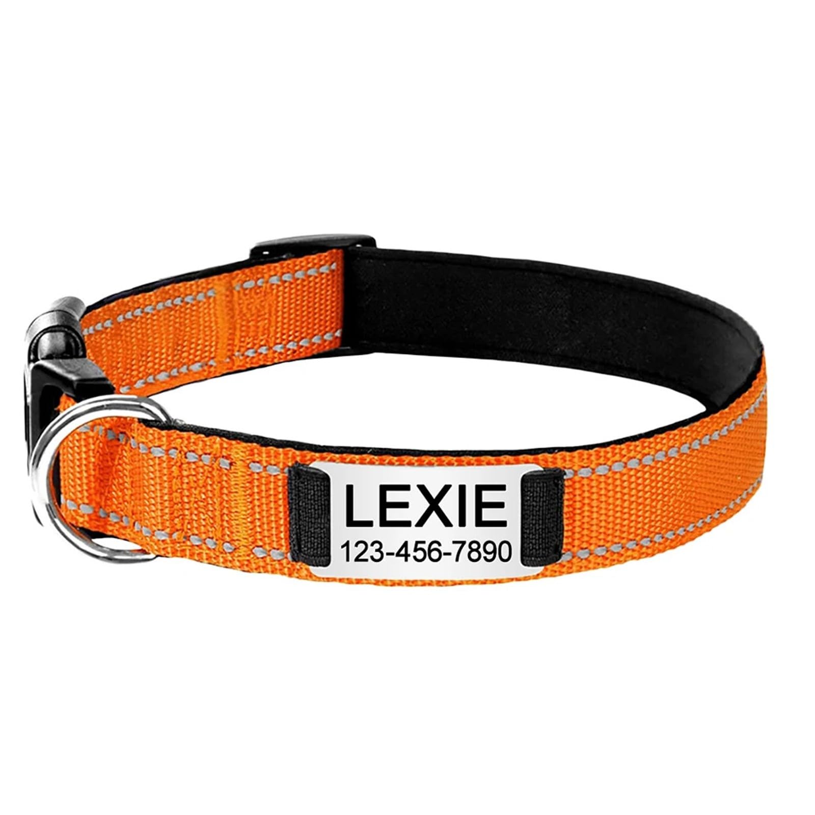 Personalised Dog Collar with Engraved Metal Buckle, Reflective Nylon Collars for Small Medium Large Dogs with Custom Name Plate Phone Number (Orange)