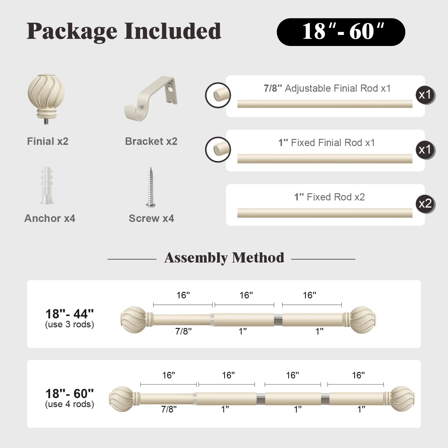 Oneach White Curtain Rods for Windows 28 to 48 Inch, 7/8" Adjustable Heavy Duty Decorative Drapery Rods with Round Netted Texture Finials (Pack of 1, 18 to 60 Inch)