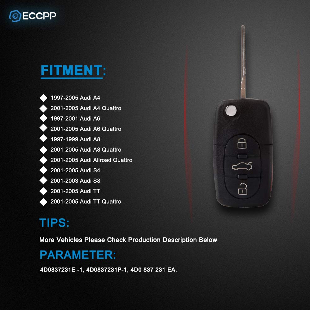 ECCPP fit for 4 Buttons Uncut Keyless Entry Remote Key Fob Case 97-05 Audi A4 Audi TT Quattro Audi Allroad Quattro Audi S8 Series 4D0837231P-1 (Pack of 1)