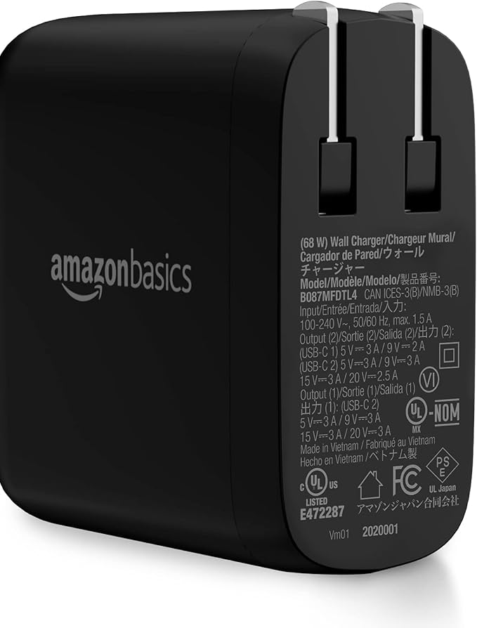 Amazon Basics 68W Two-Port GaN Wall Charger with 2 USB-C Ports (60W, 18W) with PD for Laptops, Tablets & Phones (iPhone 16/15/14/13/12/11/X, iPad, MacPro, Samsung, and More), Non-PPS, Black