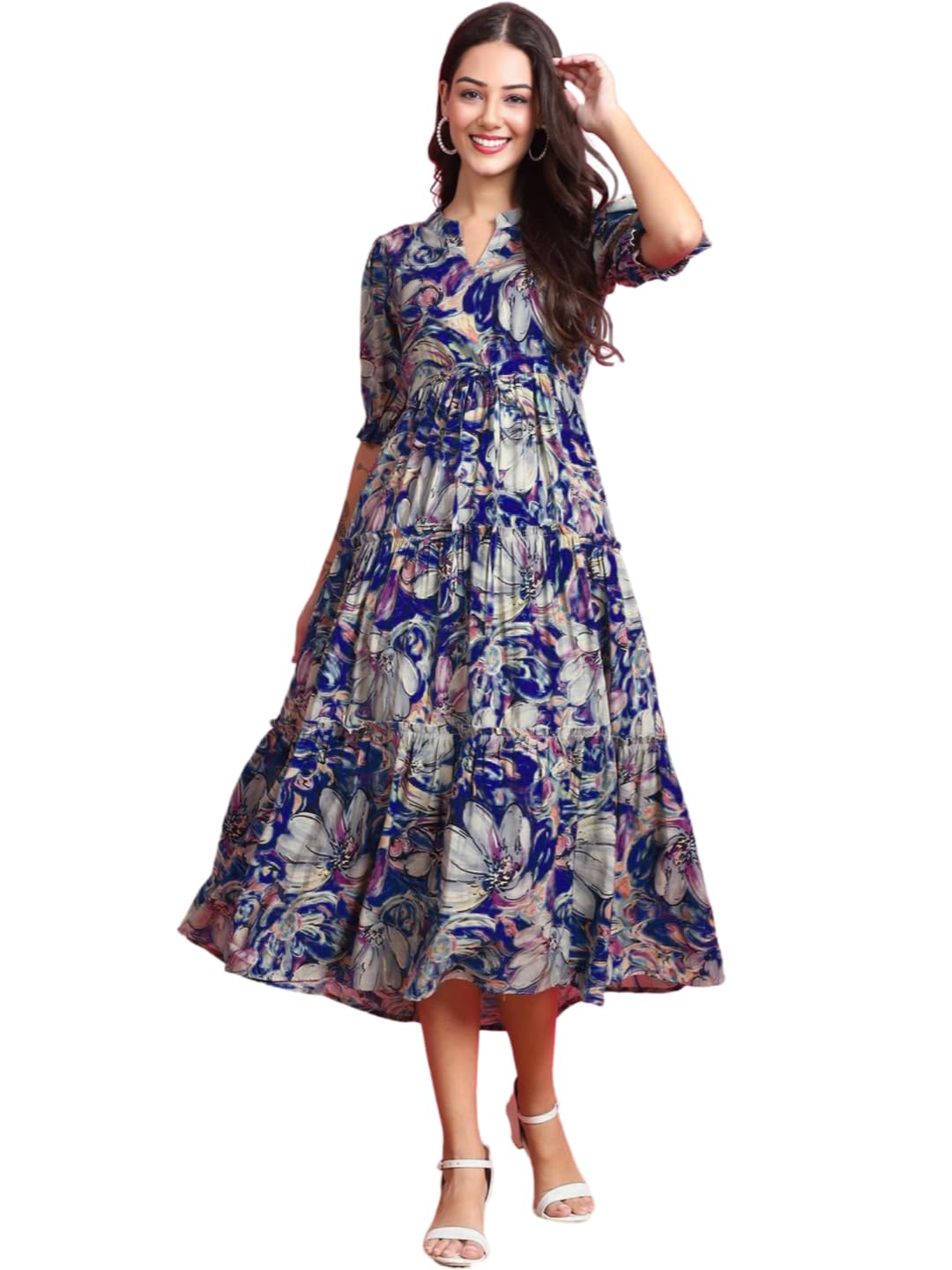 presha Women's Fit and Flare Cotton Long Anarkali Floral Printed Kurta (SP-22 Blue)-picture-34