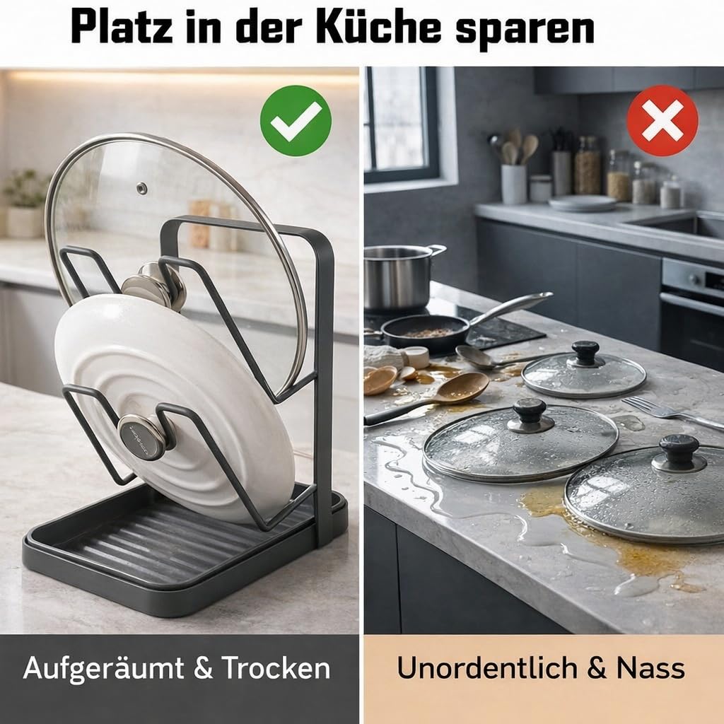 Edelstahl Doppellagig Topfdeckel Organizer Mit Löffelablage, 2-in-1 Topfdeckelhalter,Stabile Aufbewahrung, Platzsparend, Leicht zu Reinigen,für Kochlöffel und Utensilien