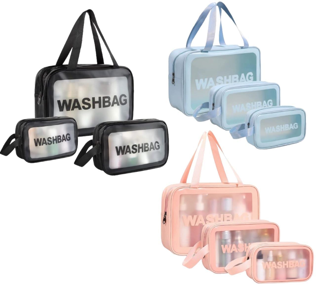 Travel Toiletry Wash Bag Set, Multicolor, Plastic, Waterproof Translucent Cosmetic Organizer with Handle,(Pack of 1) Set of 3-picture-28