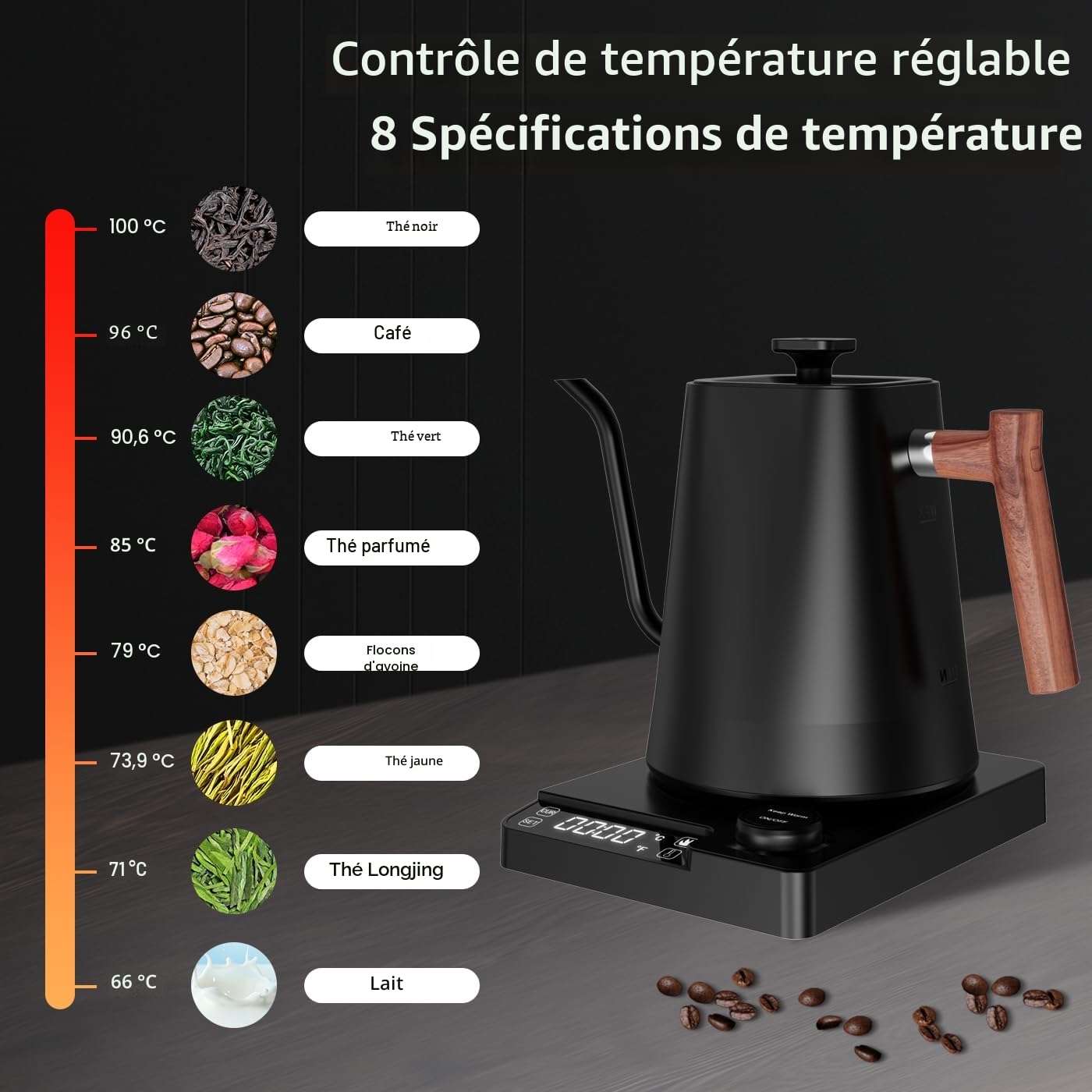 【Version améliorée 2026】Bouilloire à Col de Cygne 1L en Acier Inoxydable, Affichage LCD & Contrôle de Température en Temps Réel, Chauffage Rapide & Température Réglable, Idéale pour Café et Thé