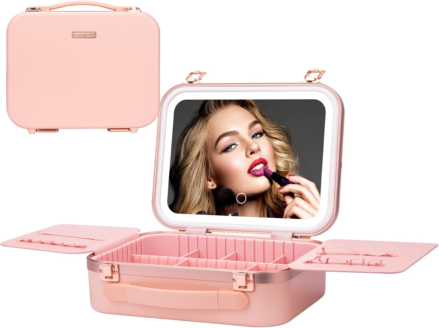 Travel Makeup Train Case With LED Lights, 3 Brightness Adjustable Portable Makeup Organizer, Professional Adjustable Divider Storage Waterproof Makeup Train Case Accessories and Toolboxes Pink