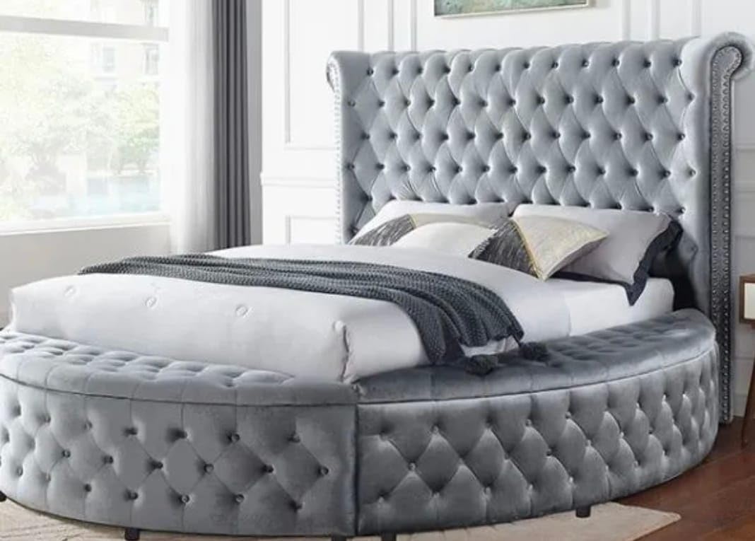 A to Z Furniture New Modern Luxury Indoor Furniture Comfortable Soft Bedroom Upholstered King Size Bed Round Tufted Navy Velvet Bed [ Mattress Size 60+72 inch no Mattress inculude (Grey)-image-35
