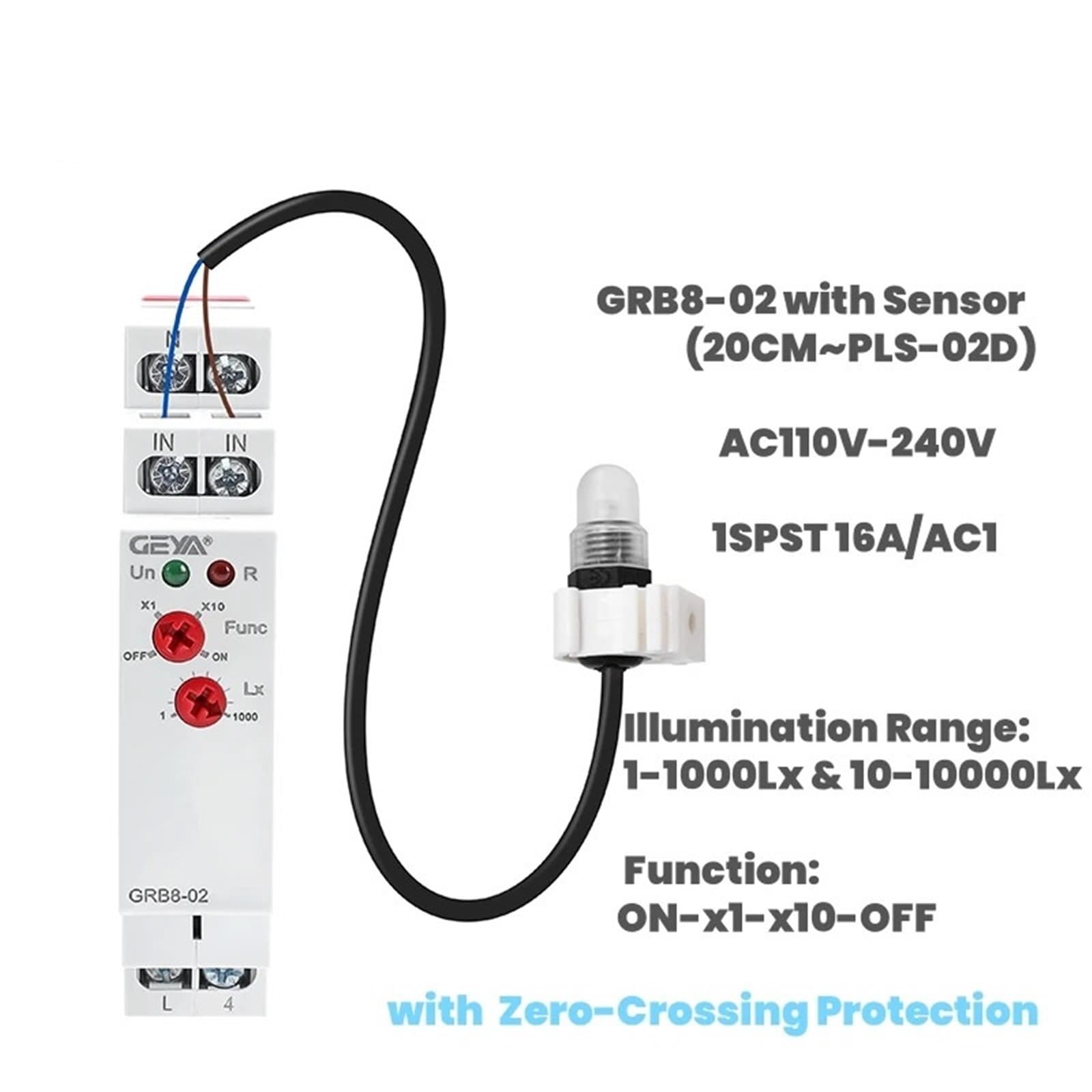 GRB8-01/02 Interruptor crepuscular de riel DIN Temporizador fotoeléctrico Sensor de luz Relé CA 110 V-240 V Automático(GRB8-01 AC110-240V)