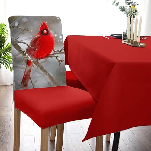 Miniatura 5 de Paquete de 4 fundas elásticas impresas para sillas de comedor, diseño de rama de pájaro cardenal Merry Christmas, extraíbles de elastano, fundas