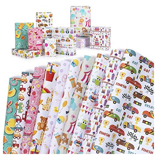 Wodasi Papel de Regalo, 10 Hojas Papel Para Envolver Regalos, Papel de Regalo Colorido Niños Niñas Cumpleaños Papel Regalo, Hojas De Papel De Regalo, 10 Diseño, Doblados, 74 x 52cm