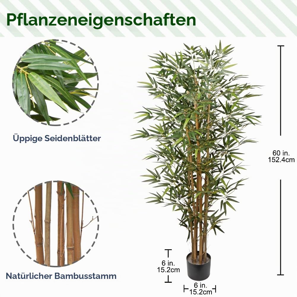 Briful Bambusbaum Künstliche Zimmerpflanze Kunstpflanze Kunstbaum mit Echtholzstamm im Stabiler Zementierter Basistopf, Balkon Terrasse Sichtschutz Bambus, Höhe: 5 Feet/152.4CM