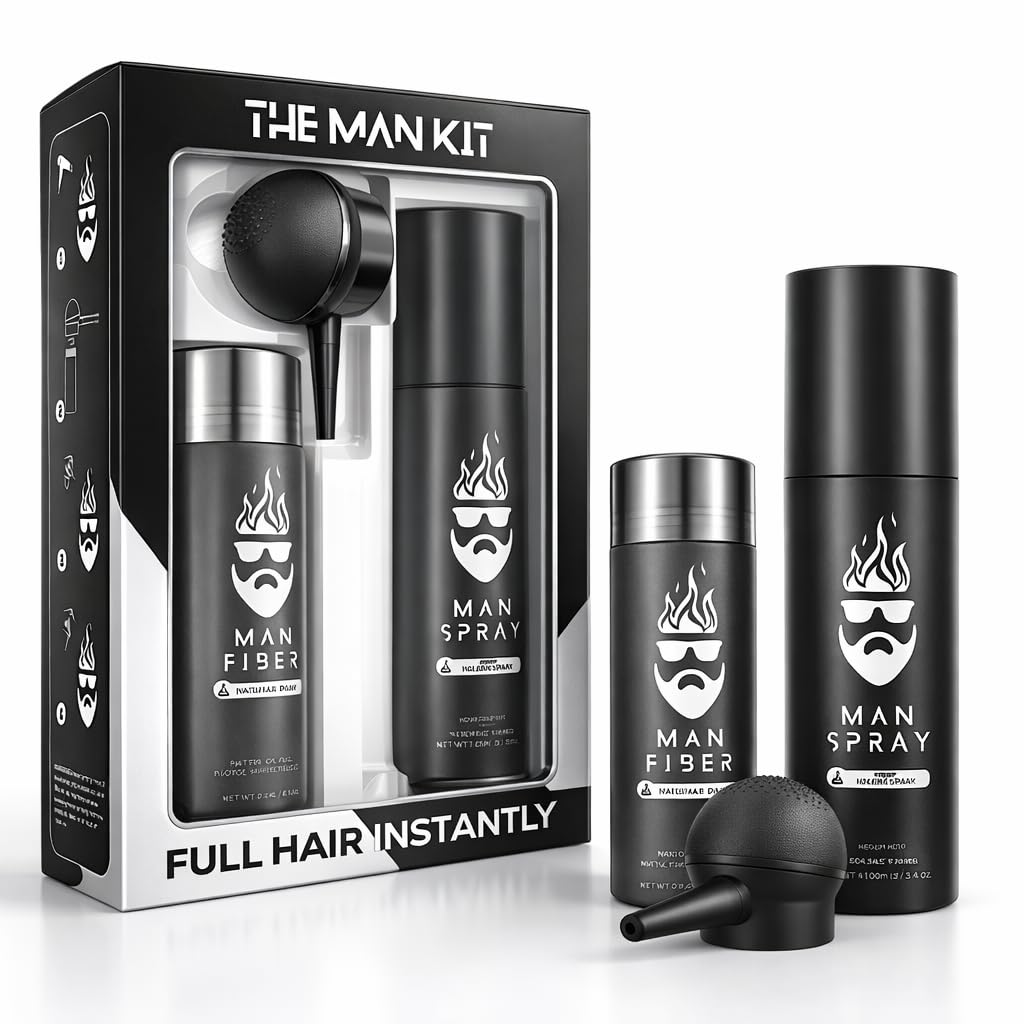 Hair Thickening Fibers (Black), Hair Fiber Locking Spray + Applicator Fiber Pump to create Natural looking Fuller Hair and Beard | Man Card Included | Hair Set by the THE MAN KIT