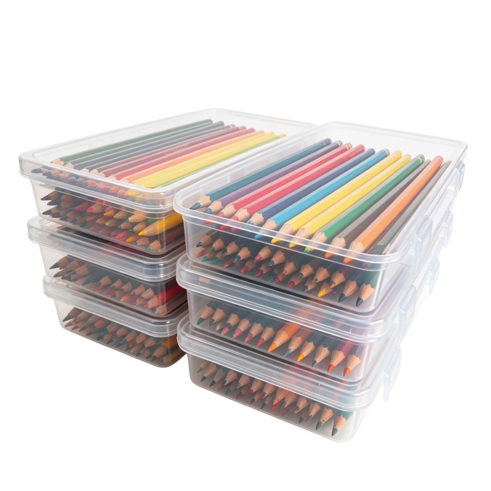 Duronge Pack of 6 Stackable Transparent Storage Box with Lid for Pens & Office Supplies, 19 x 9 x 3 cm Plastic Pen Organiser for School, Children, Crafts & Desk