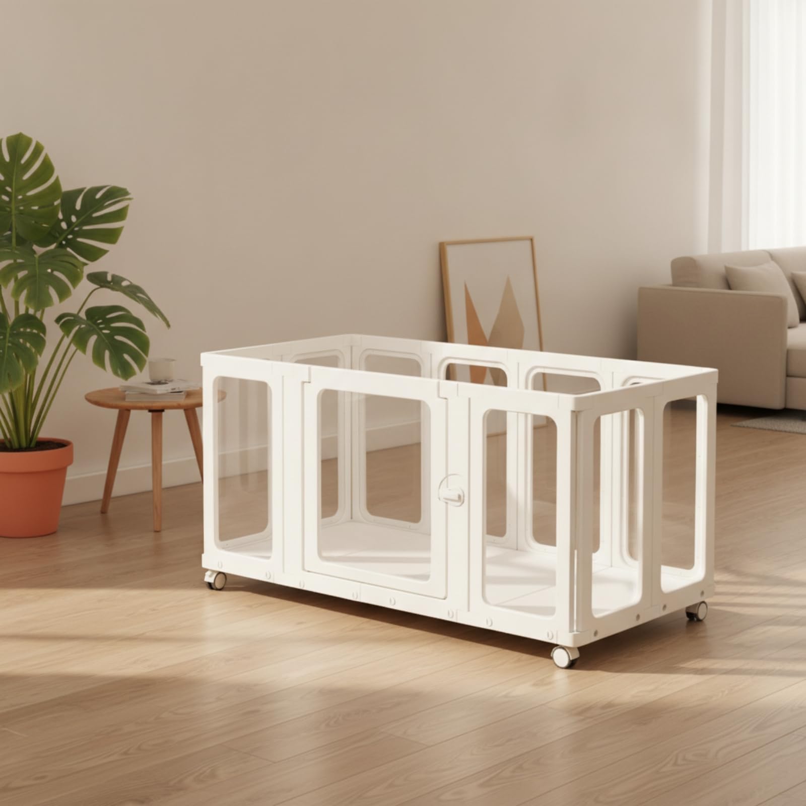 Portatile da Interno Modulare Recinzione Trasparente Box per Animali con Porta con Ganci di Bloccaggio E Base Rigida con Ruote Pannelli Chiari Telaio Bianco Adatto per Casa