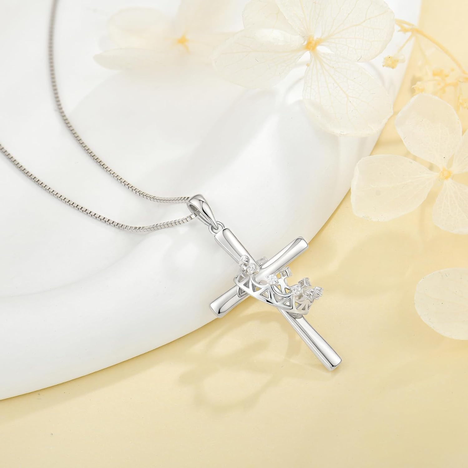 Cross and Crown Necklace for Women 925 Sterling Silver Rose Gold Plated Pendant Necklaces Rotatable Crown Cross Necklace Jewelry